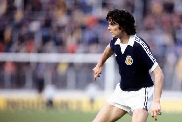 In action for his country against Northern Ireland at Hampden in 1979