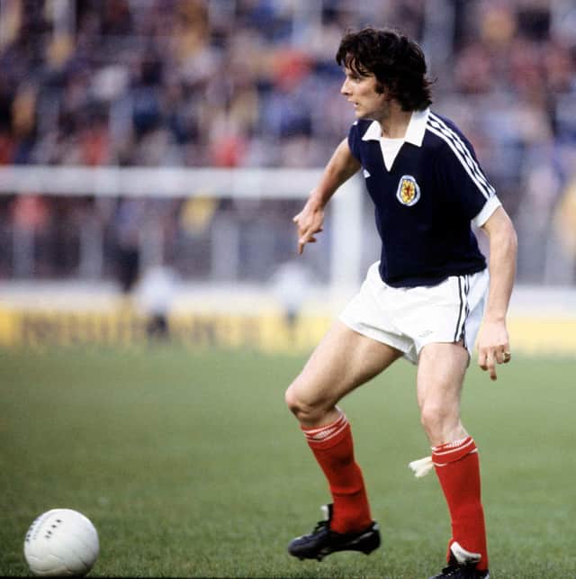 In action for his country against Northern Ireland at Hampden in 1979