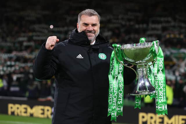 Celtic manager Ange Postecoglou celebrates with the Premier Sports Cup trophy in December and says his toasting afterwards was proper even if not what others might consider would amount to that.(Photo by Craig Williamson / SNS Group)
