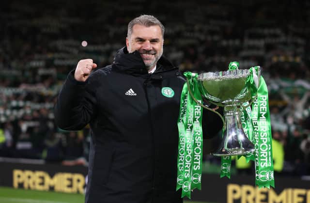 Celtic manager Ange Postecoglou celebrates with the Premier Sports Cup trophy in December and says his toasting afterwards was proper even if not what others might consider would amount to that.(Photo by Craig Williamson / SNS Group)
