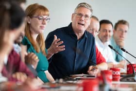 Labour leader Sir Keir Starmer and deputy leader Angela Rayner speak to party activists by video link as they telephone canvass voters in the by-elections in Uxbridge and South Ruislip, Selby and Ainsty, and Somerton and Frome (Pic: Stefan Rousseau/PA Wire)