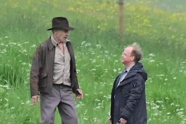 Harrison Ford and Toby Jones filming Indiana Jones 5 at Leaderfoot. Picture: Neil Renton.