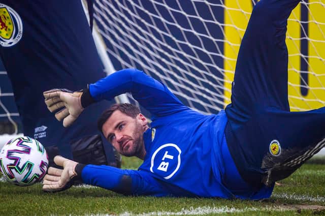 David Marshall in training ahead of Scotland's play-off final against Serbia  (Photo by Craig Williamson / SNS Group)