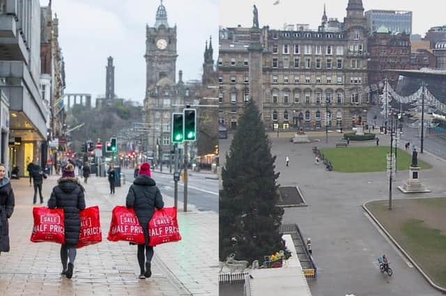 Photos of Edinburgh and Glasgow city centre hotspots on Boxing Day as less shopper predicted to hit the shops due to a rise in Omicron Covid cases (Photo: KatieLee Arrowsmith, SWNS and Glasgow City Council Webcam).