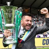 Celtic manager Fran Alonso celebrates with the Scottish Cup after the 2-0 win over Rangers in the Hampden final.  (Photo by Ross MacDonald / SNS Group)