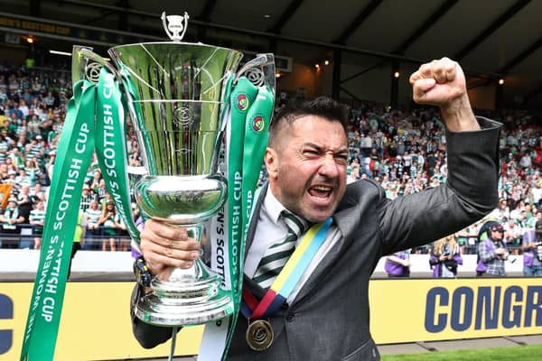 Celtic manager Fran Alonso celebrates with the Scottish Cup after the 2-0 win over Rangers in the Hampden final.  (Photo by Ross MacDonald / SNS Group)