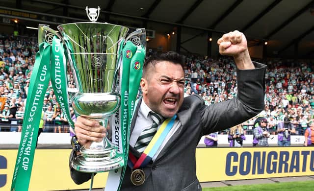 Celtic manager Fran Alonso celebrates with the Scottish Cup after the 2-0 win over Rangers in the Hampden final. (Photo by Ross MacDonald / SNS Group)