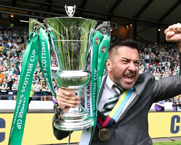 Celtic manager Fran Alonso celebrates with the Scottish Cup after the 2-0 win over Rangers in the Hampden final.  (Photo by Ross MacDonald / SNS Group)