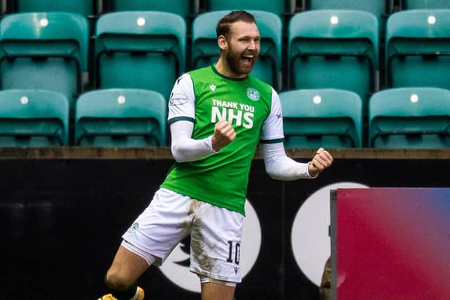 Martin Boyle celebrates his second goal in Hibs' 2-0 win over Aberdeen on Saturday (Photo by Ross Parker / SNS Group)