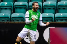 Martin Boyle celebrates his second goal in Hibs' 2-0 win over Aberdeen on Saturday (Photo by Ross Parker / SNS Group)
