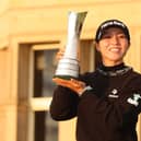 Lydia Ko poses with the AIG Women's Open trophy after her two-shot success over the Old Course at St Andrews. Picture: Michael Reaves/Getty Images.