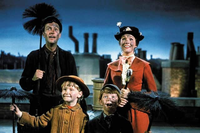 Mary Poppins starring Dick Van Dyke, as Bert, Julie Andrews, as Mary Poppins, and the Banks children