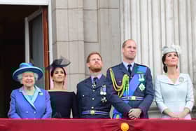 (Left to right) Queen Elizabeth II, the Duchess of Sussex, Duke of Sussex, and the Duke and Duchess of Cambridge (now the Prince and Princess of Wales) watching the RAF 100th anniversary flypast from the balcony of Buckingham Palace. Picture: Paul Grover/Daily Telegraph/PA Wire