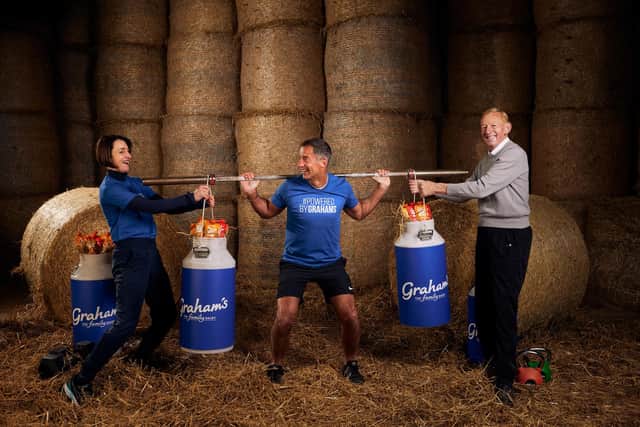 Carol Graham, marketing director; Robert Graham, managing director; and Dr Robert Graham, chairman of Graham's Family Dairy, launch #PoweredByGrahams, a 30-day challenge aimed at highlighting the benefits of consuming protein to aid in exercise recovery. Picture by Peter Dibdin