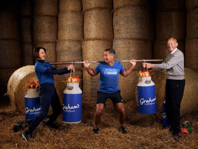 Carol Graham, marketing director; Robert Graham, managing director; and Dr Robert Graham, chairman of Graham's Family Dairy, launch #PoweredByGrahams, a 30-day challenge aimed at highlighting the benefits of consuming protein to aid in exercise recovery. Picture by Peter Dibdin