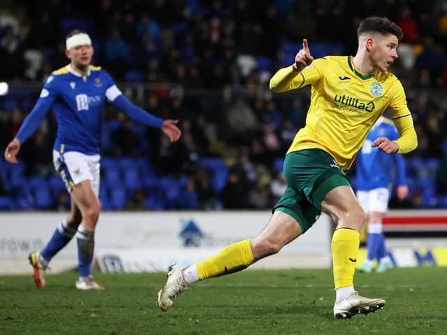 Hibs Kevin Nisbet celebrates after scoring to make it 1-1 during a cinch Premiership match against St. Johnstone.