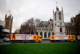 Lorries from Scottish seafood companies drive past the Houses of Parliament last month, in a protest action by fishermen against post-Brexit red tape.