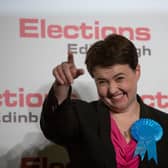Scottish Conservative Leader Ruth Davidson celebrates being elected Conservative MSP for Edinburgh Central at the Royal Highland Centre, Ingliston, on May 6, 2016