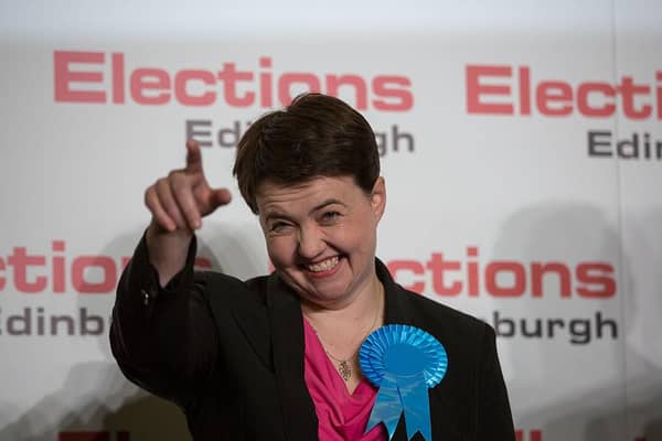 Scottish Conservative Leader Ruth Davidson celebrates being elected Conservative MSP for Edinburgh Central at the Royal Highland Centre, Ingliston, on May 6, 2016