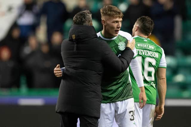 Hibs manager Lee Johnson with youngster Josh O'Connor after the 6-0 win over Aberdeen at Easter Road on January 28. (Photo by Paul Devlin / SNS Group)