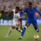 Rangers defender Calvin Bassey holds off Eintracht Frankfurt's Ansgar Knauff during the Europa League final at the Estadio Ramon Sanchez Pizjuan in Seville. (Photo by Justin Setterfield/Getty Images)