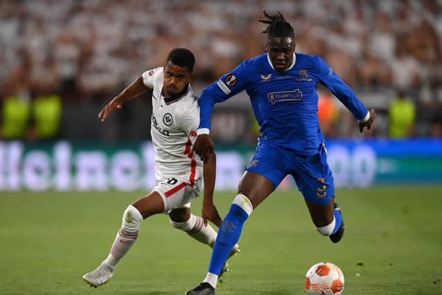 Rangers defender Calvin Bassey holds off Eintracht Frankfurt's Ansgar Knauff during the Europa League final at the Estadio Ramon Sanchez Pizjuan in Seville. (Photo by Justin Setterfield/Getty Images)