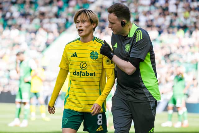 Kyogo Furuhashi missed Celtic's win over Hibs in the Premier Sports Cup after injuring his shoulder in the league match at Easter Road the previous weekend. (Photo by Craig Williamson / SNS Group)