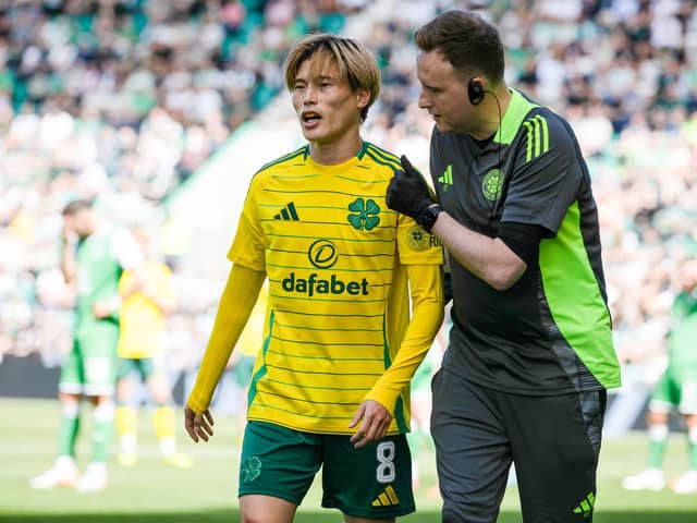 Kyogo Furuhashi missed Celtic's win over Hibs in the Premier Sports Cup after injuring his shoulder in the league match at Easter Road the previous weekend. (Photo by Craig Williamson / SNS Group)