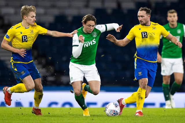 Hibs midfielder Scott Allan in action against Chris Kane and Ali McCann during St Johnstone's Betfred Cup semi-final victory. Photo by Craig Williamson / SNS Group