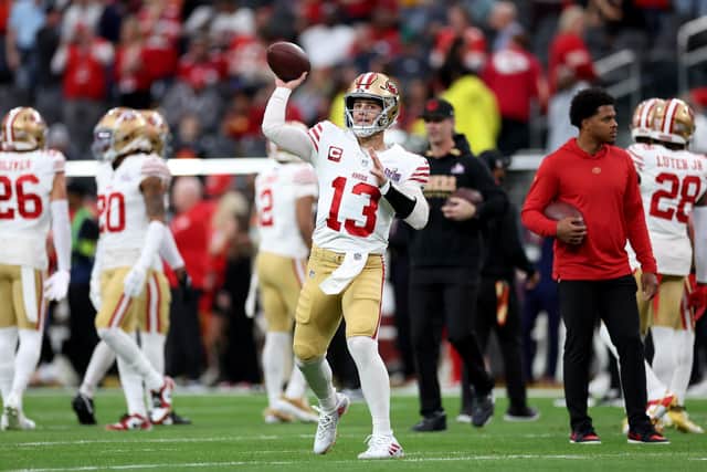LAS VEGAS, NEVADA - FEBRUARY 11: Brock Purdy #13 of the San Francisco 49ers warms-up before Super Bowl LVIII against the Kansas City Chiefs at Allegiant Stadium on February 11, 2024 in Las Vegas, Nevada. (Photo by Ezra Shaw/Getty Images)