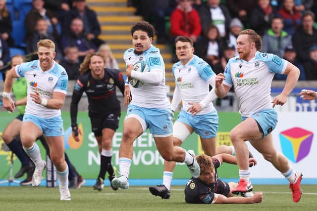 Sione Tuipulotu in full flight. The Glasgow Warriors centre impressed in the win over the Sharks and was unfortunate to have a try disallowed. Picture: Craig Williamson/SNS