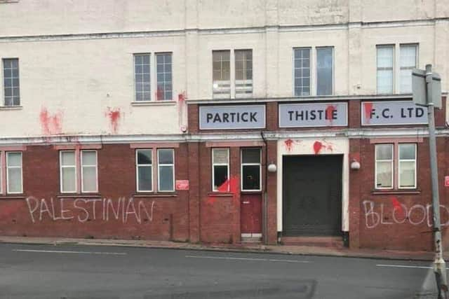 Anti-Israel graffiti was scrawled on Firhill Stadium’s walls. Photo: Twitter