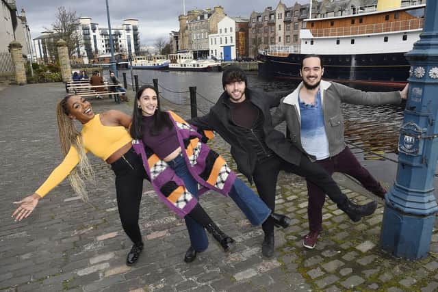 Sunshine On Leith cast members Rhine Drummond, Blythe Jandoo, Keith Jack and Connor Going on Leith's Shore  Pic: Greg Macvean