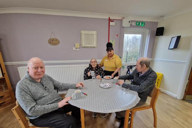 HC-One Scotland’s Wyndford Locks Care Home’s residents Jim Kiddie, James Mackie, Jean Hypher and Wellbeing Coordinator, Jo Mahon, at Dementia Care Café event