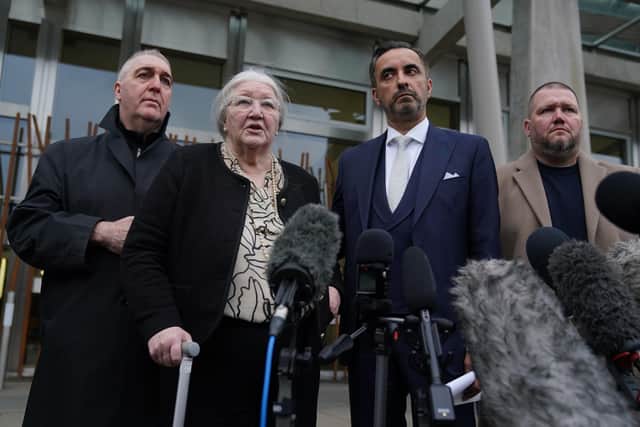Margaret Caldwell, the mother of Emma Caldwell, speaks to the media outside the Scottish Parliament following Iain Packer's long-overdue conviction for her daughter's murder (Picture: Andrew Milligan/PA)