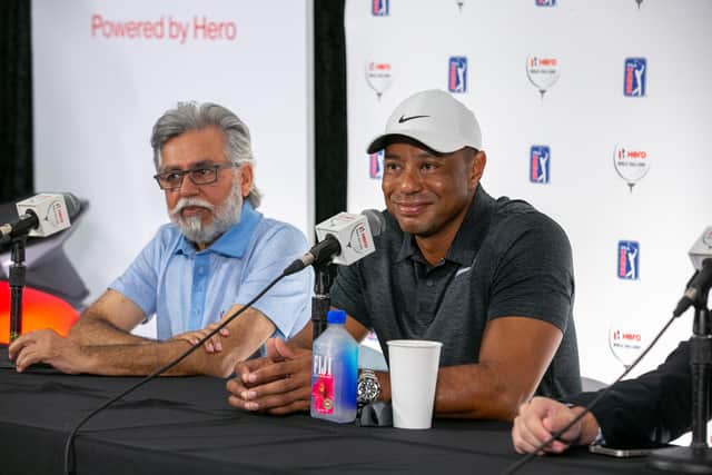 Tiger Woods, who is is hosting this week's Hero World Challenge in the Bahamas, speaks to the media at Albany Golf Resort alongside Dr Pawan Munjal, Chairman and CEO of Hero MotoCorp. Picture: Hero MotoCorp