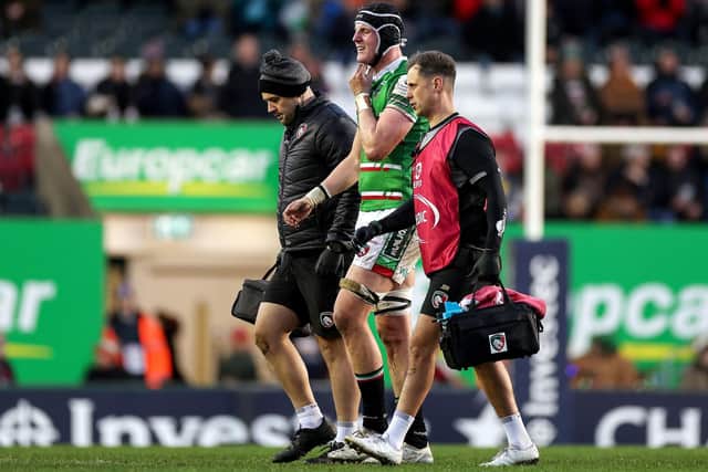 Cameron Henderson leaves the pitch after suffering an ACL injury during Leicester Tigers' Investec Champions Cup match against DHL Stormers at Mattioli Woods Welford Road on December 10. (Photo by Laszlo Geczo/INPHO/Shutterstock)
