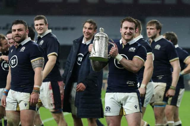 Stuart Hogg, the Scotland captain, holds the Calcutta Cup after his team's victory during the Guinness Six Nations match between England and Scotland at Twickenham Stadium on 6 February 2021 in London, England. (Pic: Getty Images)