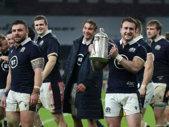 Stuart Hogg, the Scotland captain, holds the Calcutta Cup after his team's victory during the Guinness Six Nations match between England and Scotland at Twickenham Stadium on 6 February 2021 in London, England. (Pic: Getty Images)