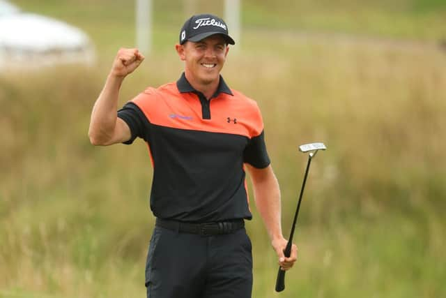 Grant Forrest celebrates his maiden DP World Tour victory on the 18th green last year. Picture: Andrew Redington/Getty Images.