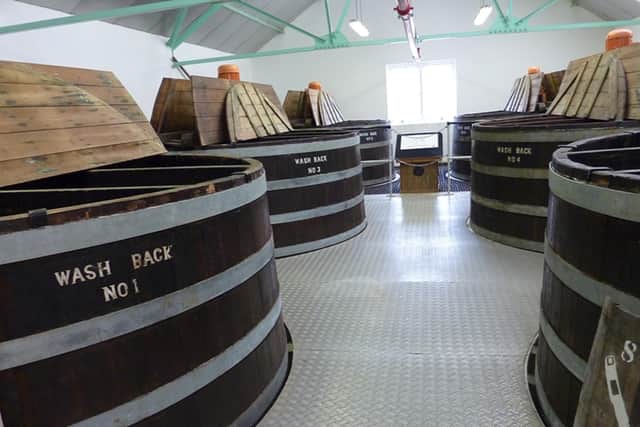 The wash backs at Dallas Dhu where yeast fermented sugary wort into a weak alcohol called ‘wash’.  Today, they are museum pieces following the closure of the distillery in 1983.PIC. Otter/Cc.