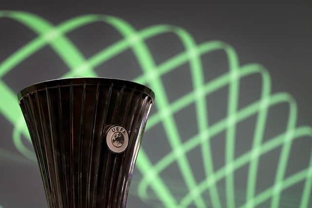 The UEFA Conference League trophy. (Photo by Fabrice COFFRINI / AFP) (Photo by FABRICE COFFRINI/AFP via Getty Images)
