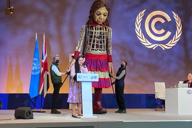 Little Amal attended ‘Advancing Gender Equality in Climate Action’ at COP26 in Glasgow with young Samoan climate activist Brianna Freuan to represent young women and girls from the global south.