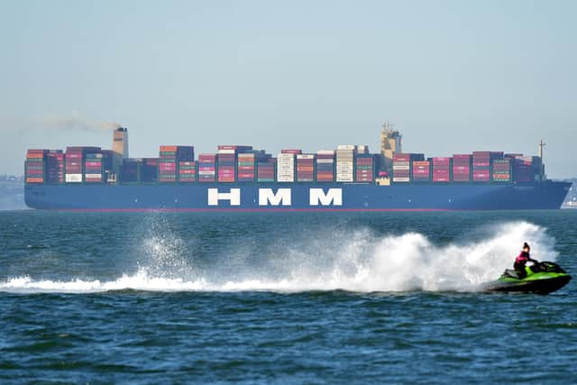 HMM Algeciras, the world's largest container ship, passes Thorpe Bay in Southend, as she heads to DP World London Gateway port in Tilbury, Essex, towards the end of her maiden voyage to the UK.