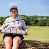 Australian Kirsten Rudgeley shows off the Helen Holm Scottish Women's Open Trophy after her win at Royal Troon Portland Course. Picture: Scottish Golf.