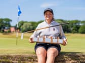 Australian Kirsten Rudgeley shows off the Helen Holm Scottish Women's Open Trophy after her win at Royal Troon Portland Course. Picture: Scottish Golf.