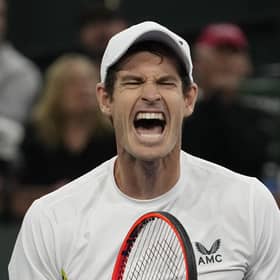 Andy Murray celebrates after defeating Tomas Martin Etcheverry at the BNP Paribas Open in Indian Wells.