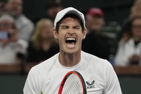 Andy Murray celebrates after defeating Tomas Martin Etcheverry at the BNP Paribas Open in Indian Wells.