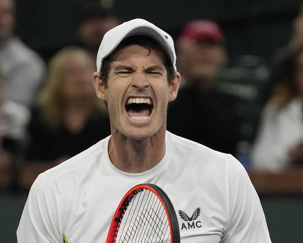 Andy Murray celebrates after defeating Tomas Martin Etcheverry at the BNP Paribas Open in Indian Wells.