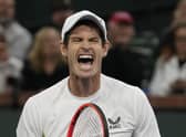 Andy Murray celebrates after defeating Tomas Martin Etcheverry at the BNP Paribas Open in Indian Wells.